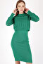 Long Sleeve Openwork Crew Neck Sweater Thin Strap V Heart Collar Midi Length Dress Double Knitwear Set - 4