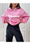 Women's Oversize Pink Hooded Sweatshirt I Need Wine Design Printed Sweatshirt Long Sleeve - 2