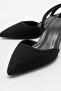 OVER Black Tweed Pointed Toe Short Heeled Women's Shoes - 4