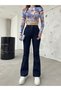 Women's Navy Blue Flared Leg Flexible Lycra Trousers - 4