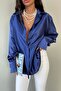 Women's Cobalt blue Oversize Satin Shirt 0999-0002 - 4