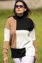 Half Turtleneck Color Blocked Intersia Knit Long Sleeve Skirt Elastic Seasonal Knitwear Sweater - 3