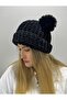 Black Velvet Plush Pompom Knitted Hat Beanie - 2