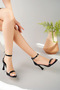 Women's Black Faux Leather Patent Leather Single Strap Thin Heeled Shoes - 2