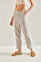 Women's Beige Blue Striped Pocket Detailed Front Flap Trousers 60261522 - 2