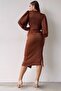 Women's Tan Satin Draped Slit Detailed Balloon Sleeve Plus Size Dress - 2