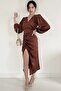 Women's Tan Satin Draped Slit Detailed Balloon Sleeve Plus Size Dress