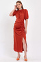 Women's Brick Satin Balloon Sleeve Draped Slit Detailed Dress