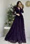 Women's Purple Flocked Printed Belted Plus Size Evening Dress - 3
