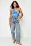 Navy Blue Drape Detailed One Shoulder Fitted Tulle Stretchy Knitted Blouse TWOSS24BZ00311 - 2