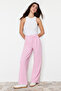 Pembe Cırt Cırt Kapamalı Yüksek Bel Pileli Wide Leg/Geniş Kesim Örme Pantolon TWOAW24PL00177 - 4