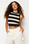 Navy Blue Crop Striped Slim Blouse Twoss22Bz1173
