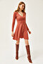 Women's Tile Double Breasted Collar Ribbed Mini Dress ELB-19002043 - 3