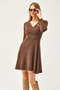 Women's Bitter Brown Double Breasted Collar Ribbed Mini Dress ELB-19002043 - 4