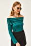 Women's Emerald Green Madonna Collar Knitted Viscose Blouse BLZ-19002487 - 3