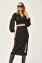 Women's Black Slit Skirted Knitted Set TKM-19000255 - 4