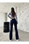 Women's Navy Blue Flared Leg Flexible Lycra Trousers - 3