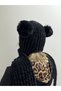 Black Velvet Hooded Plush Pompom Scarf Beanie Hat - 2