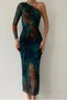 Women's Tulle Fabric One-Sleeve and Ruched Designed Digital Print Strapless Neck Midi Dress 213 - 2