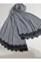 Gray Crepe Chiffon Fabric Hand Embroidered with Short Lez Lace Bıt Stoned Luxury Shawl - 5