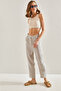 Women's Beige Blue Striped Pocket Detailed Front Flap Trousers 60261522
