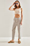 Women's Beige Blue Striped Pocket Detailed Front Flap Trousers 60261522 - 6