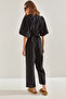 Women's Black Tie-Front Balloon Sleeve Detailed Top and Bottom Set 60111023 - 5