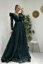Women's Emerald Flock Print Large Size Evening Dress with Belt
