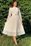 White Halter Lace Detail Pleated Evening Dress - 2