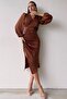 Women's Tan Satin Draped Slit Detailed Balloon Sleeve Plus Size Dress - 3