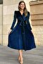 Petrol Blue Watermelon Sleeve Double Breasted Velvet Belted Plus Size Dress - 2