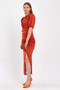 Women's Brick Satin Balloon Sleeve Draped Slit Detailed Dress - 3
