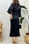Women's Black Satin Draped Slit Detailed Balloon Sleeve Dress - 4