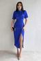 Women's Cobalt Blue Satin Balloon Sleeve Draped Slit Detailed Dress