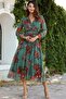 Green Floral Double Breasted Collar Lined Plus Size Chiffon Lined Dress - 3