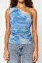 Navy Blue Drape Detailed One Shoulder Fitted Tulle Stretchy Knitted Blouse TWOSS24BZ00311 - 5