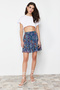 Navy Blue Lined Flounce Chiffon Floral Patterned Mini Woven Skirt TWOAW21ET0410