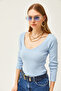 Women's Baby Blue Pool Collar Ribbed Lycra Blouse BLZ-19002078 - 4