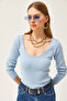Women's Baby Blue Pool Collar Ribbed Lycra Blouse BLZ-19002078 - 3