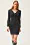 Women's Black Robe Gather Detailed Raised Mini Dress ELB-19002041