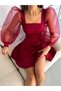 Women's U Collar Sleeves Tulle Scuba Fabric Dress (Color) - 2