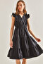 Women's Black Ruffled Elastic Waist Buttoned Flared Dress 60111036 - 3