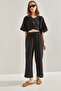 Women's Black Tie-Front Balloon Sleeve Detailed Top and Bottom Set 60111023 - 6