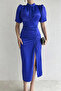 Women's Cobalt Blue Satin Balloon Sleeve Draped Slit Detailed Dress - 3