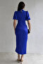 Women's Cobalt Blue Satin Balloon Sleeve Draped Slit Detailed Dress - 4