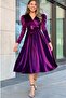 Purple Watermelon Sleeve Double Breasted Velvet Belted Plus Size Dress