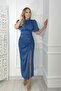 Women's Indigo Satin Balloon Sleeve Draped Slit Detailed Dress