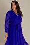 Cobalt Blue Long Double Breasted Collar Wrap Chiffon Plus Size Dress - 3