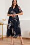 Navy Blue Floral Short Sleeve Lined Plus Size Chiffon Dress - 2