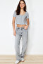 Gray Melange Patchwork Crop Pool Neck Ribbed Stretchy Knitted Blouse TWOSS24BZ00364 - 3